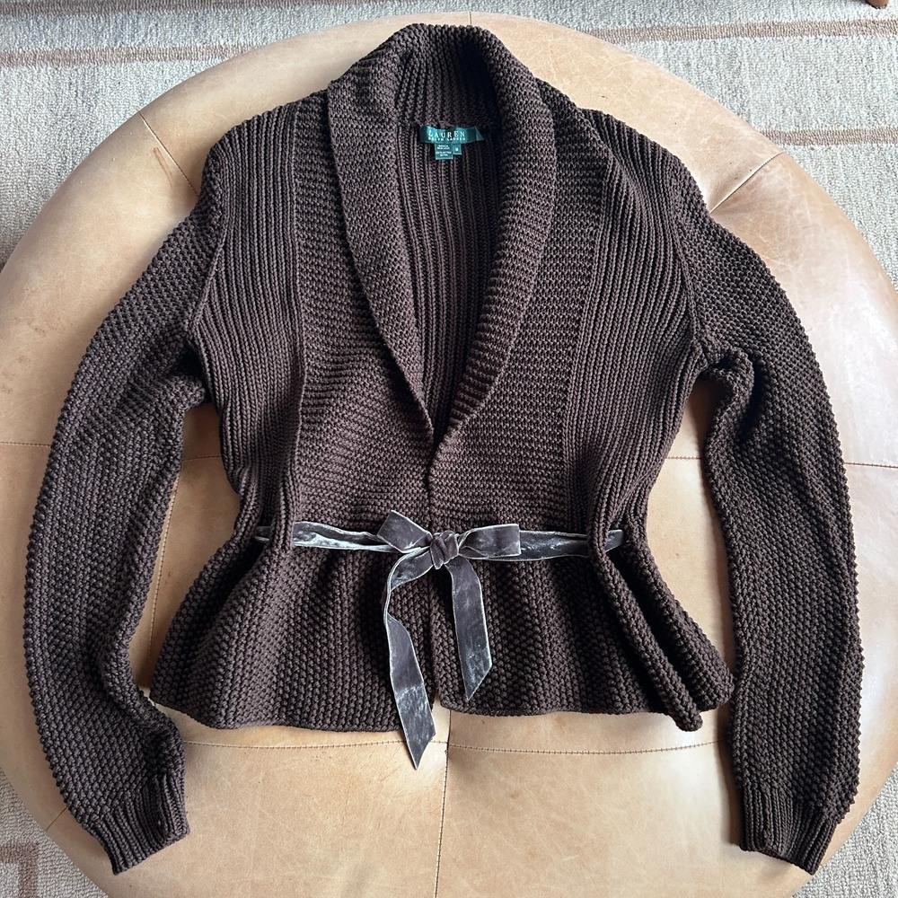 Vintage Y2K Ralph Lauren Chunky Cardigan Sweater Women M Brown Peplum Velvet Bow